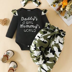Baby Girl Slogan Bodysuit & Camo Pants Set